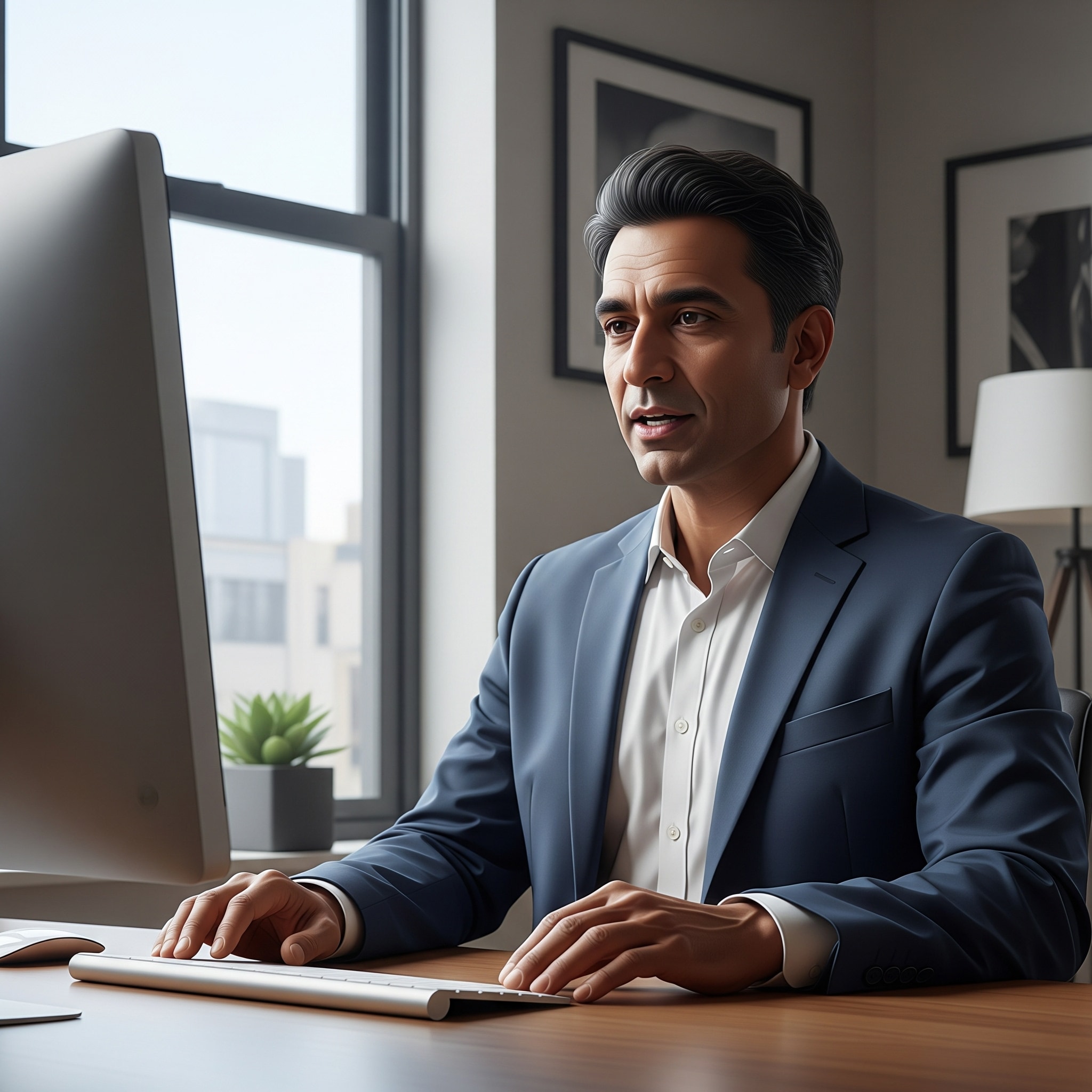 Photograph of a confident professional in a virtual Zoom meeting, speaking with calm authority from a high-end home office, representing leadership and control during a high ticket sales conversation.