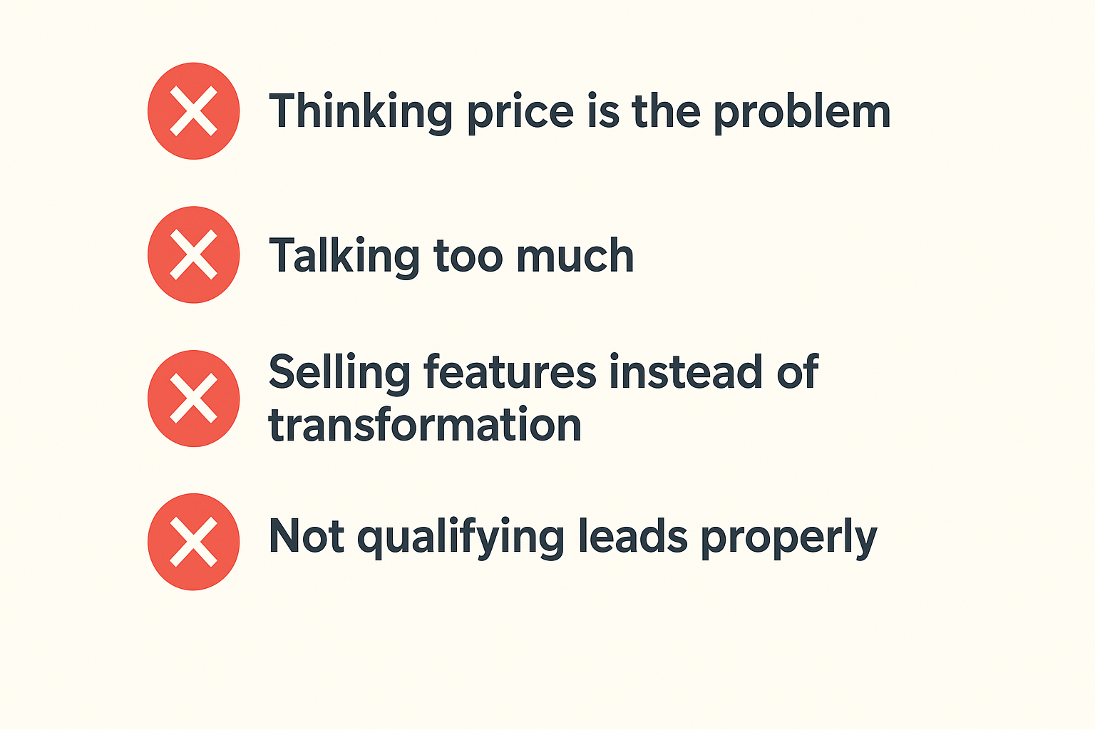 Infographic highlighting four common high ticket sales mistakes with red flag and X-mark icons, including selling features instead of outcomes, underestimating client expectations, and pitching instead of qualifying.