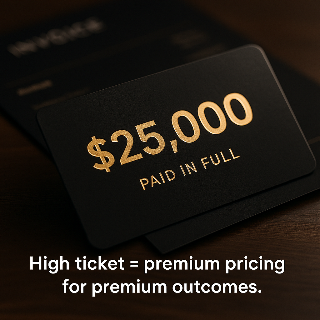 Close-up of a matte black card labeled $25,000 Paid in Full, symbolizing premium pricing and high ticket sales in a luxury business setting.