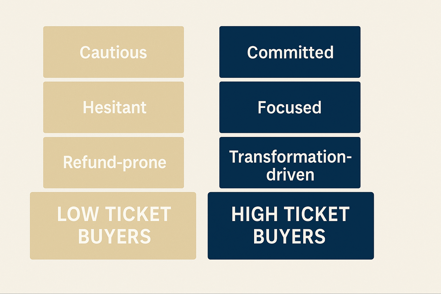 Side-by-side building block graphic comparing low ticket buyers and high ticket buyers; the left side lists cautious, hesitant, and refund-prone traits, while the right side highlights committed, focused, and transformation-driven characteristics.
