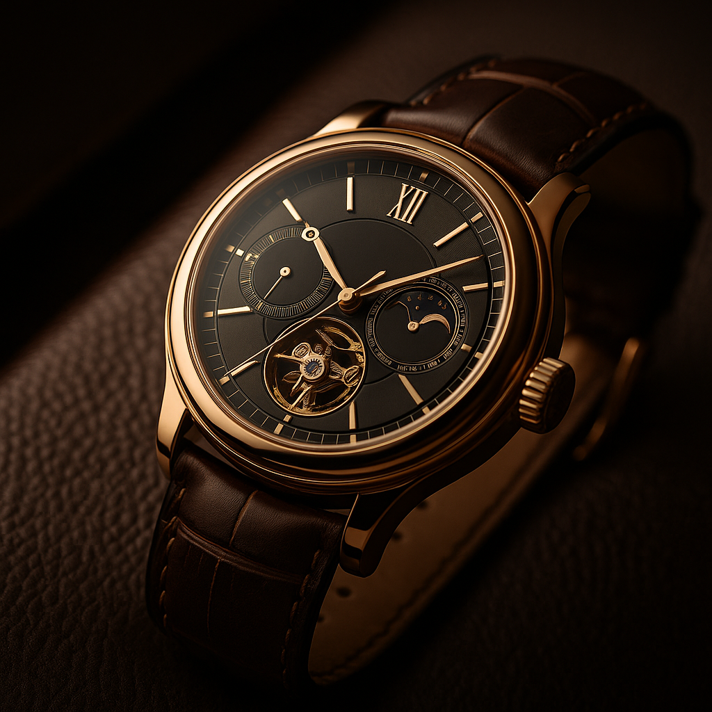 Close-up of a luxury rose gold wristwatch with a brown leather strap, set against a dark leather surface, symbolizing premium value and the high-end experience associated with high ticket offers.