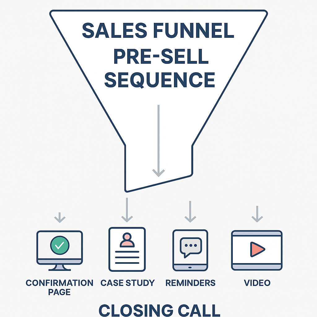 Sales funnel pre-sell sequence diagram showing a funnel labeled ‘Sales Funnel Pre-Sell Sequence’ with arrows pointing to four touchpoints: Confirmation Page, Case Study, Reminders, and Video, all leading toward a final step labeled Closing Call.