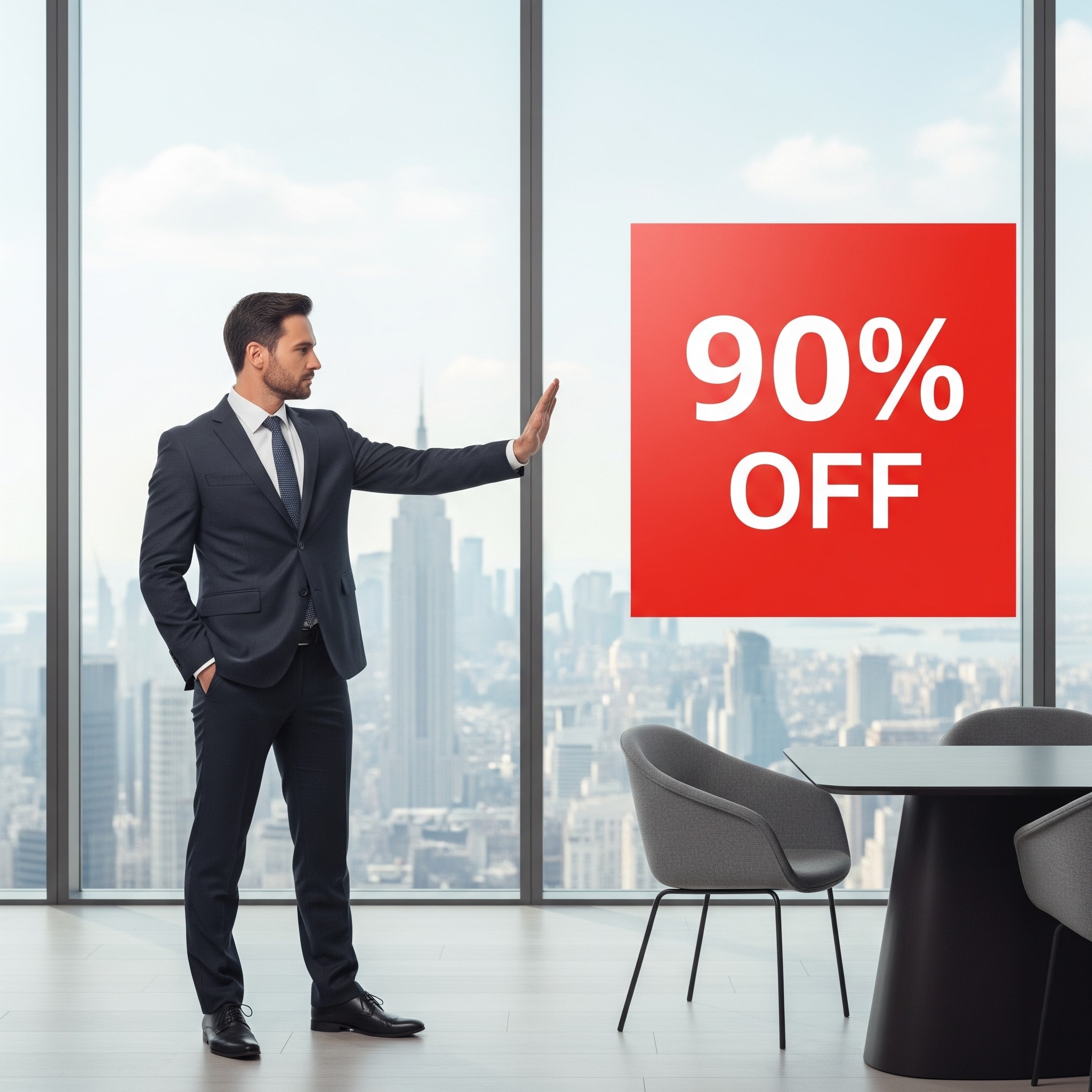 A well-dressed businessman turning away from a large '90% OFF' discount sign while walking toward a luxurious office, symbolizing high ticket clients who prioritize value over low prices.