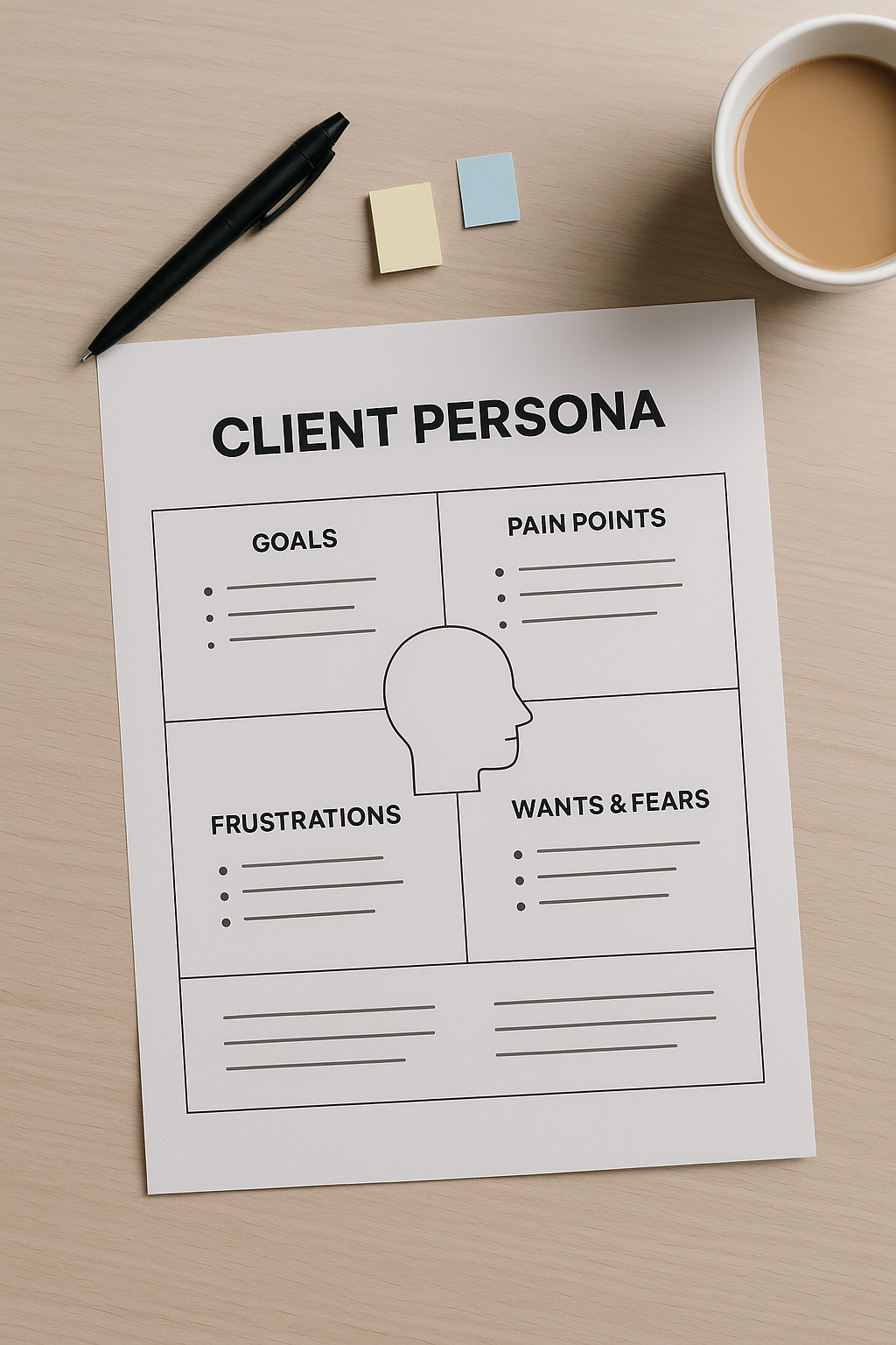 Client persona worksheet on a desk, featuring labeled sections for goals, pain points, frustrations, and wants & fears.