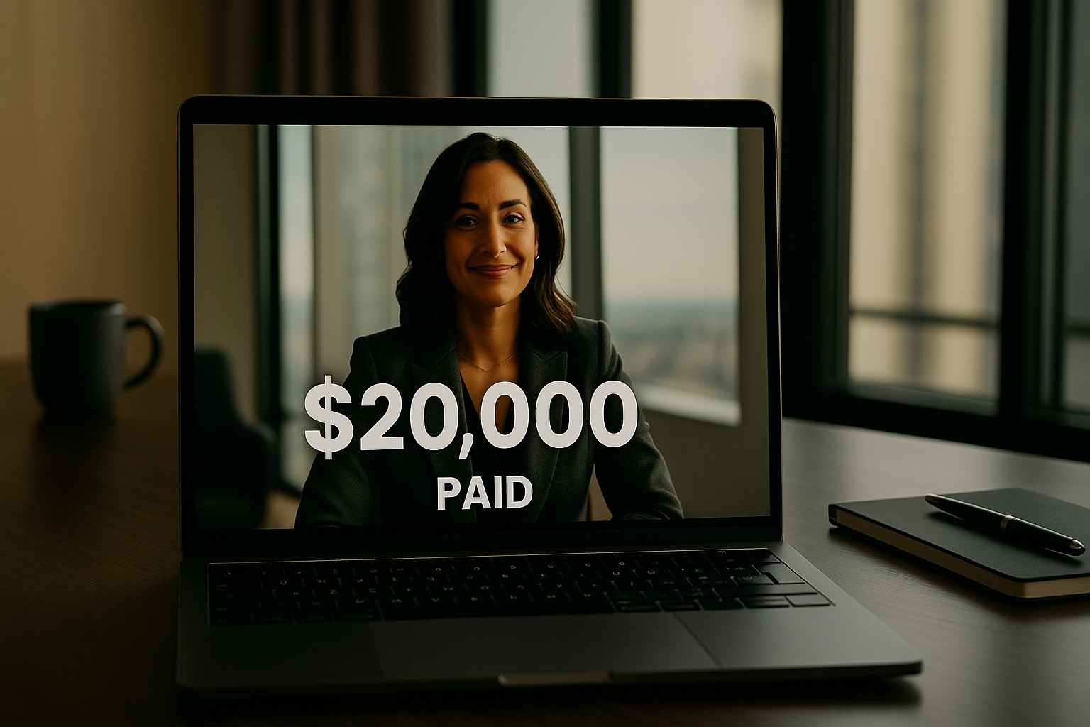 Photograph of a laptop on a desk displaying a confident woman on a video call, with a '$20,000 Paid' overlay, symbolizing remote high ticket sales and premium client engagement.